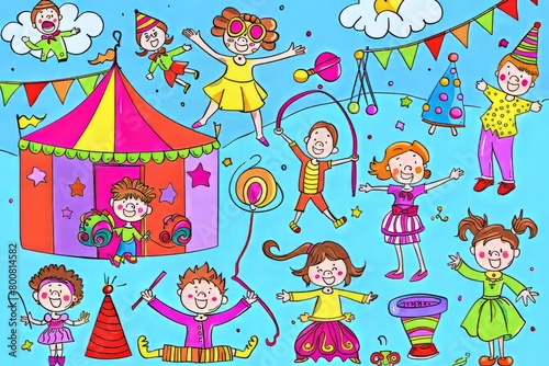 Cartoon cute doodles of kids performing in a circus  showcasing their acrobatic skills  juggling talents  and clown antics under the big top  Generative AI