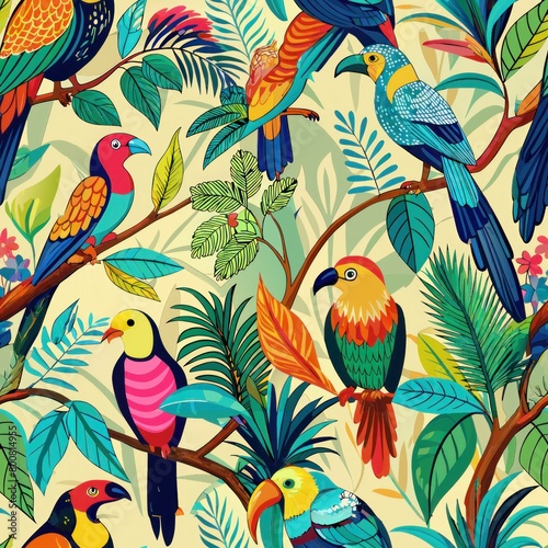 Seamless pattern of colorful tropical birds perched on branches, Generative AI