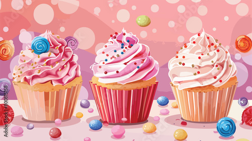 Sweet tasty cupcakes with candies on color background