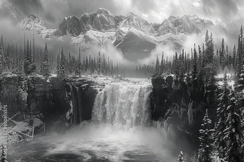 A black and white photo of a waterfall in winter, with rocks on the ground and a mountainous background. Created with Ai