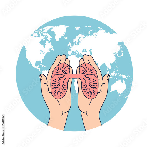 Fragile lungs cradled in caring hands in front of a world map