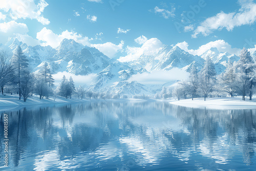 3D rendering of snowcapped mountains in the distance  surrounded by a frozen lake with ice and water textures. Created with AI
