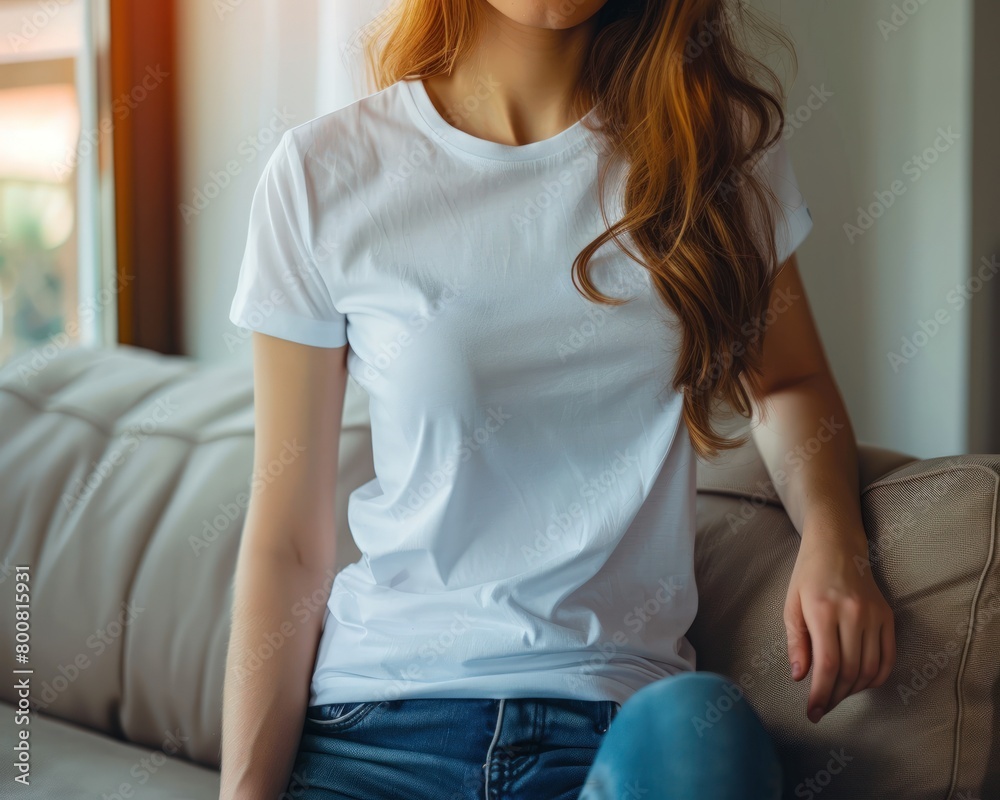 Close Up photo of beautiful woman in white blank t shirt. Generate AI image