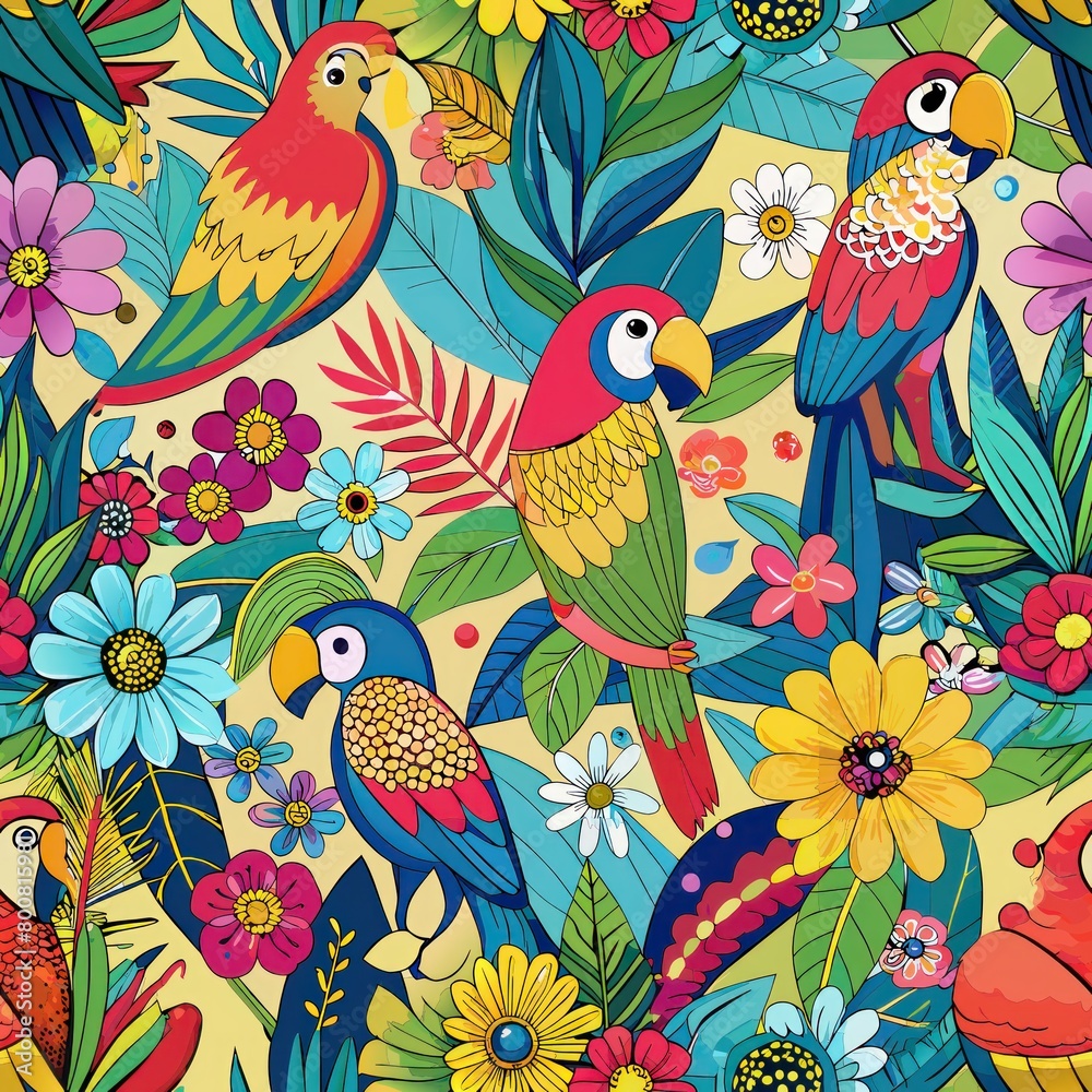 Seamless pattern of playful parrots squawking among vibrant flowers, Generative AI