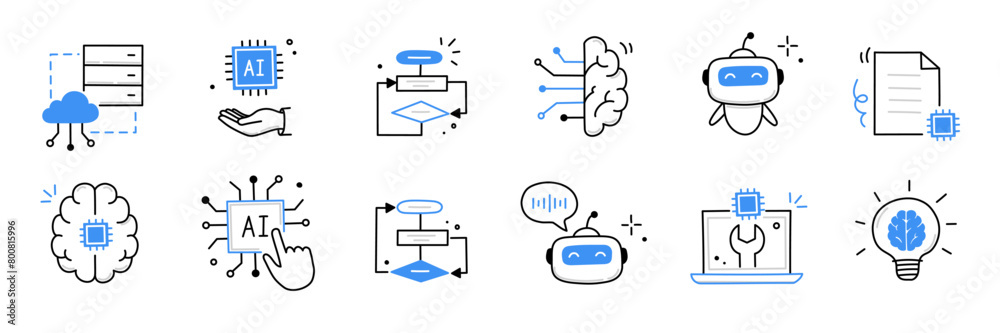 Artificial ai brain icon. Ai machine digital robot hand drawn doodle line icon. Artificial brain algorithm machine science concept. Hand drawn sketch style cute blue line. Vector illustration Artificial ai brain icon. Ai machine digital robot hand drawn doodle line icon. Artificial brain algorithm machine science concept. Hand drawn sketch style cute blue line. Vector illustration