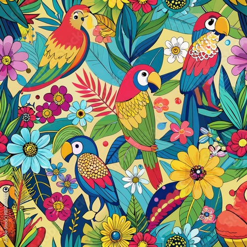 Seamless pattern of playful parrots squawking among vibrant flowers  Generative AI