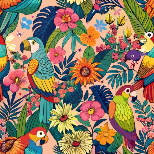 Seamless pattern of playful parrots squawking among vibrant flowers  Generative AI