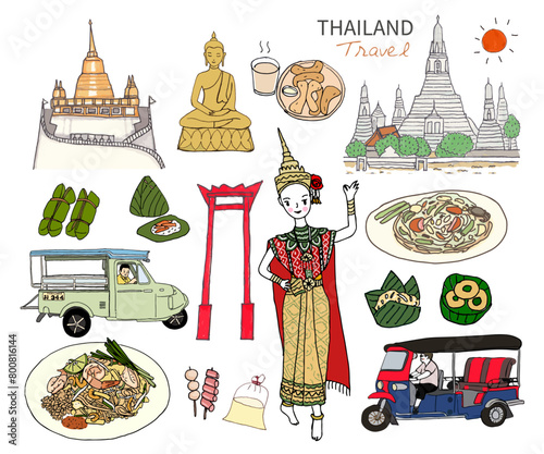 Thailand travel icon, Set of architecture, thai local food, thai culture, Travel Thailand landmarks. Hand drawn style vector icons.