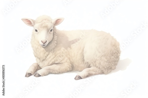Illustrate a watercolor painting of a fluffy white lamb, lying down with a gentle smile on its face.