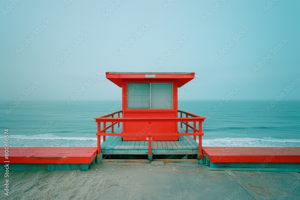 A scenic view of a lifeguard tower with the ocean in the backdrop, designed in a style vintage. A scenic view of a lifeguard tower with the ocean in the backdrop, designed in a style vintage.