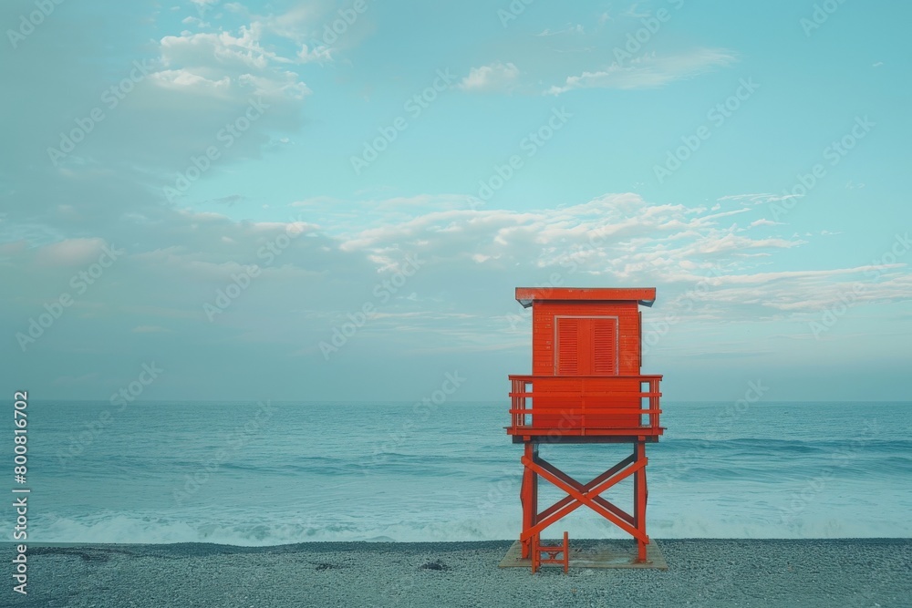 A scenic view of a lifeguard tower with the ocean in the backdrop, designed in a style vintage.