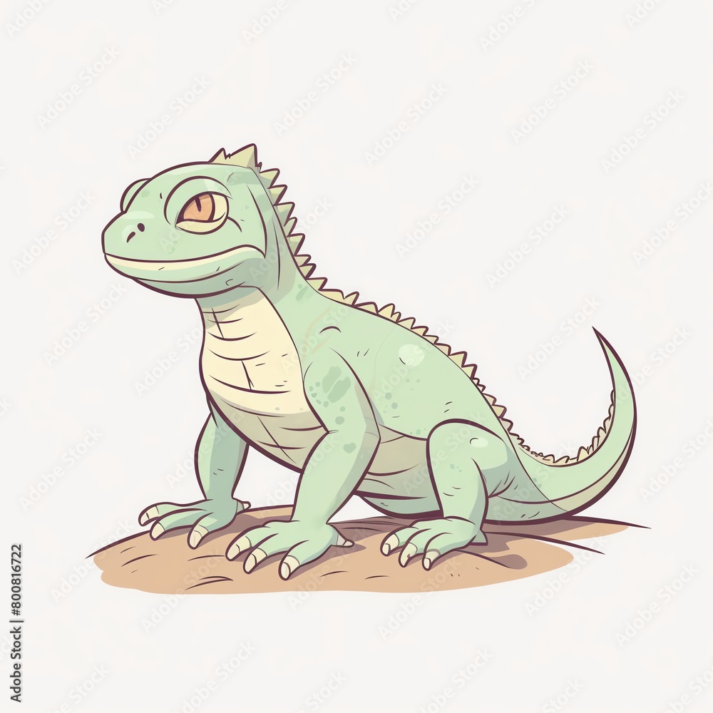 Fototapeta premium A cartoon illustration of a green iguana. The iguana is sitting on a rock and looking to the right. The iguana has a friendly expression on its face.