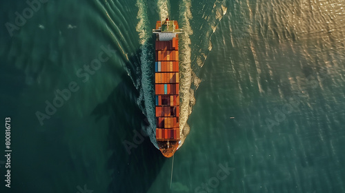 Aerial drone top view of cargo maritime ship carrying container.