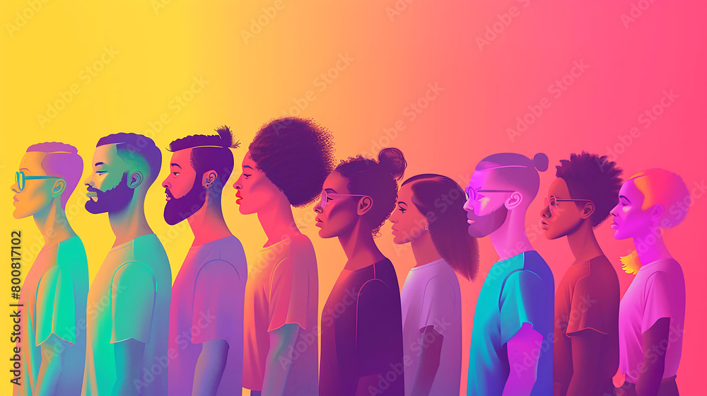  Different people stand in a row, each with their own unique hue and personality. The background is a gradient from light pink to dark pink, creating an atmosphere of unity. This visual representation