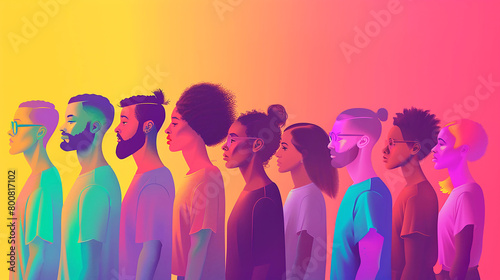  Different people stand in a row, each with their own unique hue and personality. The background is a gradient from light pink to dark pink, creating an atmosphere of unity. This visual representation
