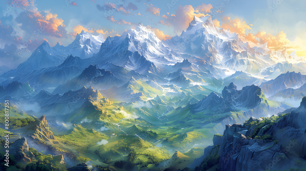 Obraz premium A majestic mountain range with snow-capped peaks and lush valleys captured in a stunning watercolor illustration, showcasing the awe-inspiring beauty of nature's grand landscapes.