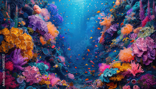 An underwater scene of vibrant coral reefs  with colorful marine life swimming among the structures. Created with Ai