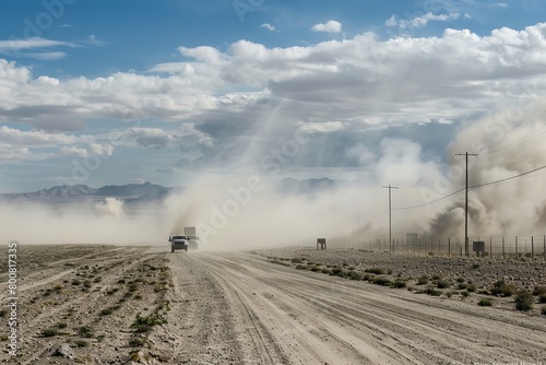 Remote Desert Roads Leading to Area 51, With Dust Clouds Billowing Behind Vehicles as They Approach The Heavily Guarded Perimeter, Generative AI (ID: 800817335)