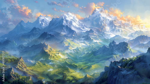 A majestic mountain range with snow-capped peaks and lush valleys captured in a stunning watercolor illustration, showcasing the awe-inspiring beauty of nature's grand landscapes.
