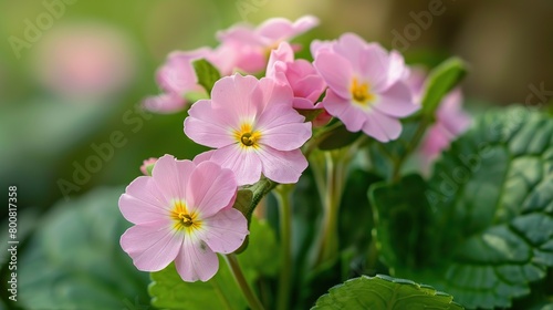 A close-up of pink primroses with yellow centers. The flowers are in focus and have a blurred background.