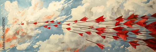 Abstract watercolor art of crimson arrows flying against a blue cloudy sky photo