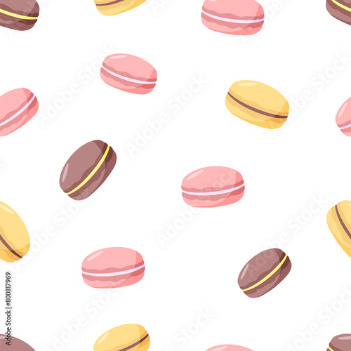 Seamless pattern with colorful macaroon cookies. Vector background wallpaper sweet dessert.