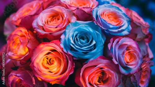 A vibrant collection of roses  with varying shades of pink  orange  and blue. The roses are in full bloom  displaying intricate petal details 