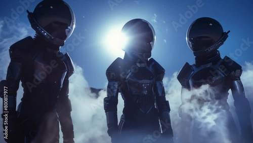 Three imposing space soldiers stand resolute, clad in sleek black and silver high-tech suits, their faces obscured by advanced helmets.  photo