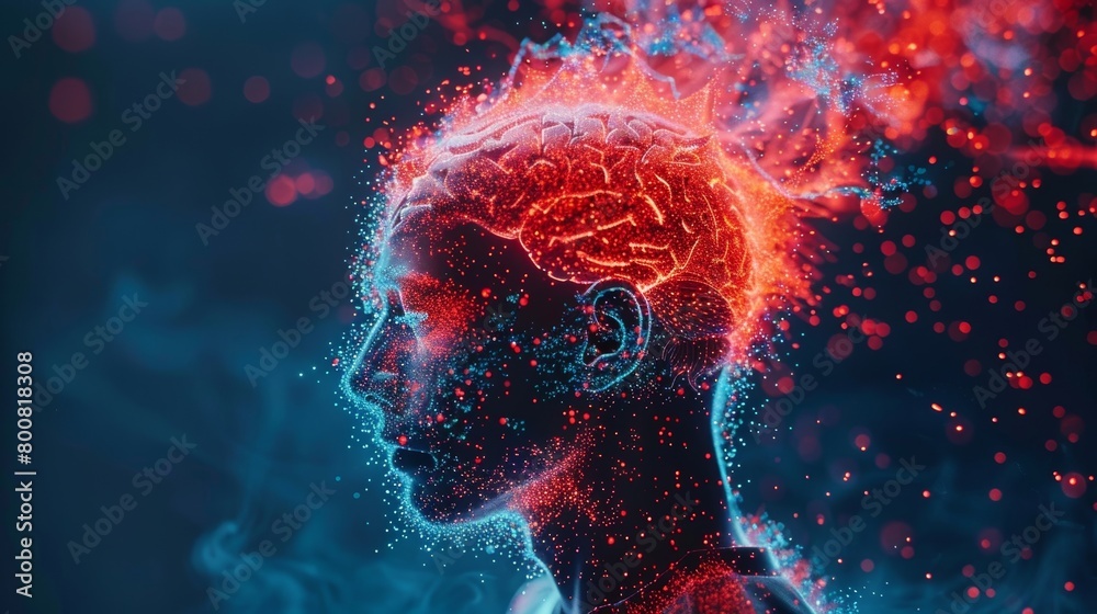 An infrared image of a persons brain activity while wearing the enhancement device showing bright spots of increased neural activity..