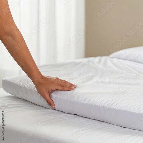 A close-up of a woman's hands carefully tucking a white fitted sheet onto a mattress on a bed.