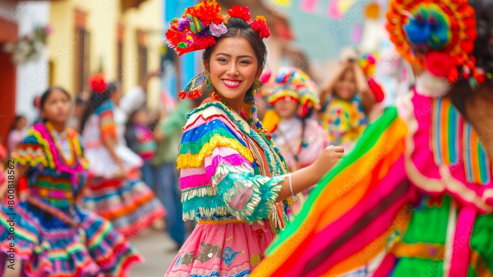 A happy woman in a colorful traditional dress for a cultural event.