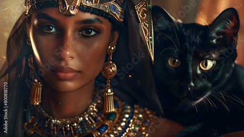 beautiful Egypt woman with jewelry a flowing traditional kemetic dress and a black cat in golden jewelry photo