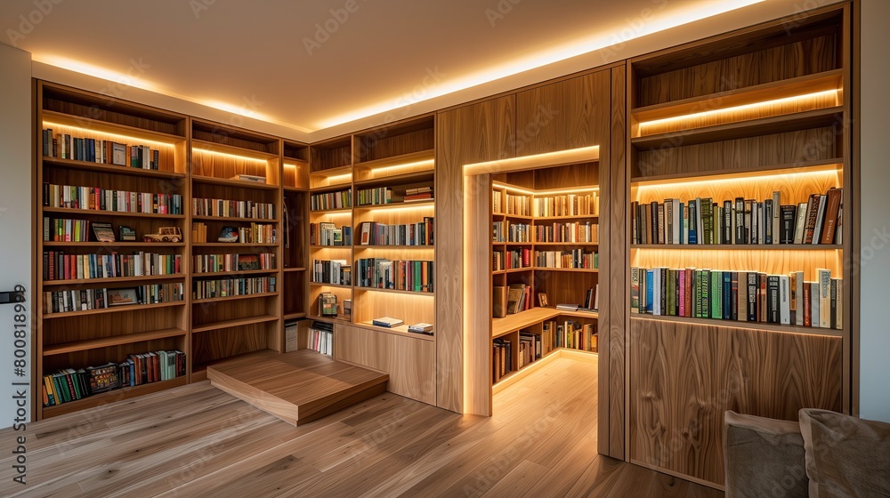 A minimalist study with built-in bookshelves and a hidden reading nook A minimalist study with built-in bookshelves and a hidden reading nook