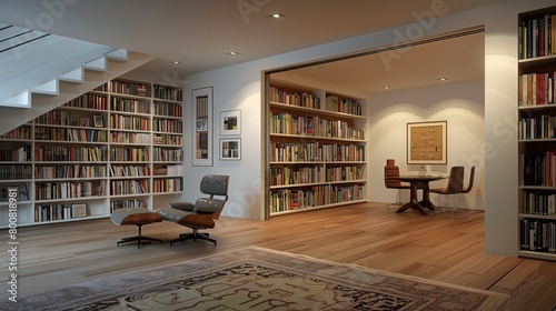 A minimalist study with built-in bookshelves and a hidden reading nook
