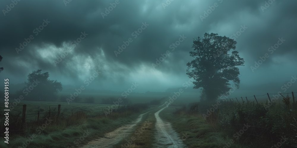 A lonely country path meanders through a field under a dramatic, stormy twilight sky, with the silhouettes of trees adding to the scene's mystery.