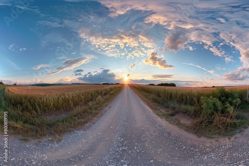 360 spherical HDRI panorama of gravel road in summer evening sunset with clouds equirectangular projection for VR AR content photo