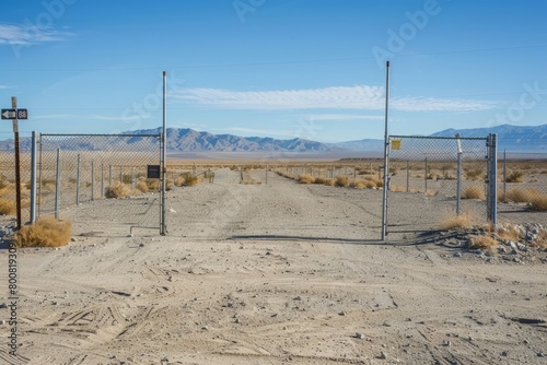 Secretive Entrance to Area 51, Surrounded by Barren Desert Landscape And Guarded by Imposing Fences And Security Measures, Generative AI (ID: 800819309)
