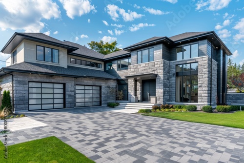 A stunning spacious customized executive home with modern design features grey stone and brick shingles trim interlock driveway and glass garage doors photo