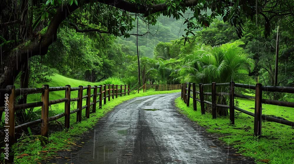 Journey into the tropics: A winding road bordered by a rustic wooden fence leads the way into the lush embrace Seamless looping 4k time-lapse virtual video animation background. Generated AI Journey into the tropics: A winding road bordered by a rustic wooden fence leads the way into the lush embrace Seamless looping 4k time-lapse virtual video animation background. Generated AI
