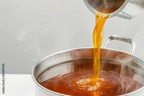 Add clear broth to pot on white surface