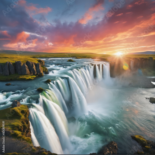 Majestic waterfall at sunset with bright sky and lush greenery