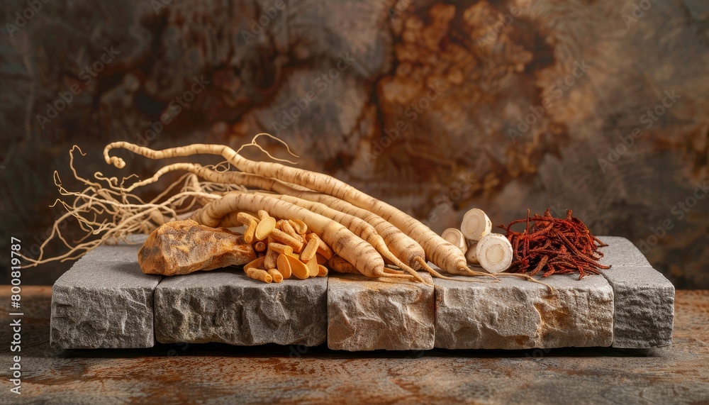 Advertising product with herbal ingredients featuring ginseng root lingzhi mushroom and cordyceps on gray bricks against a brown background Advertising product with herbal ingredients featuring ginseng root lingzhi mushroom and cordyceps on gray bricks against a brown background
