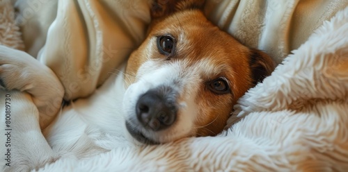 Adorable Jack Russell Terrier with cute expressions lying in bed