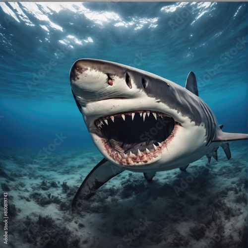 Menacing Great White Shark Prowling the Ocean Depths Near a Sandy Seabed