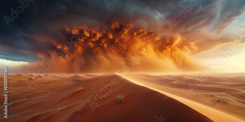 Massive sandstorm sweeps desert with towering clouds of sand engulf undulating dunes beneath an ominous sky. photo