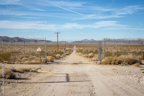 Secretive Entrance to Area 51, Surrounded by Barren Desert Landscape And Guarded by Imposing Fences And Security Measures, Generative AI (ID: 800819794)