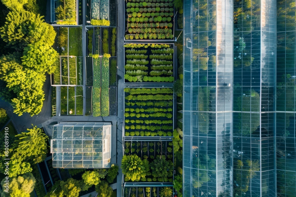 Aerial view of glass greenhouses for growing produce