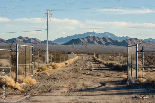 Secretive Entrance to Area 51, Surrounded by Barren Desert Landscape And Guarded by Imposing Fences And Security Measures, Generative AI (ID: 800819994)