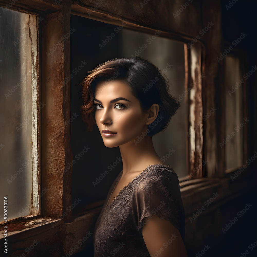 Mysterious Woman Peering Through Rustic Window Mysterious Woman Peering Through Rustic Window