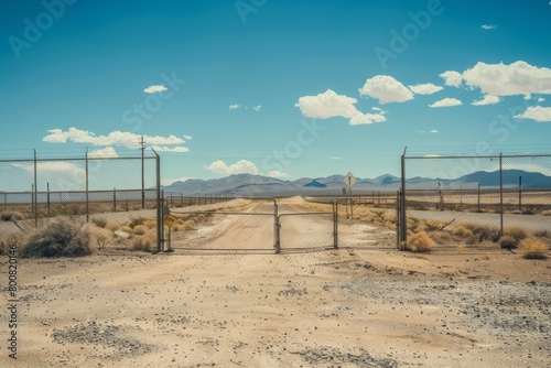 Secretive Entrance to Area 51, Surrounded by Barren Desert Landscape And Guarded by Imposing Fences And Security Measures, Generative AI (ID: 800820146)
